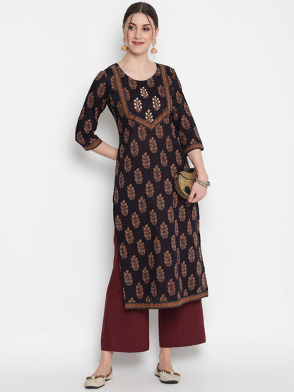 Cotton Printed Round Neck 3/4 Sleeve Straight Calf Length Ethnic Kurta