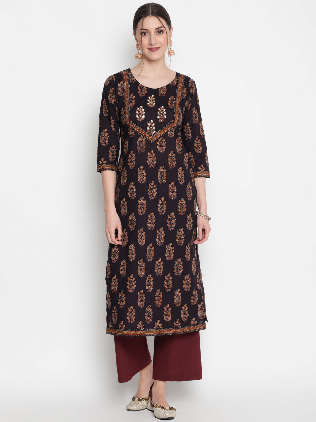 Cotton Printed Round Neck 3/4 Sleeve Straight Calf Length Ethnic Kurta