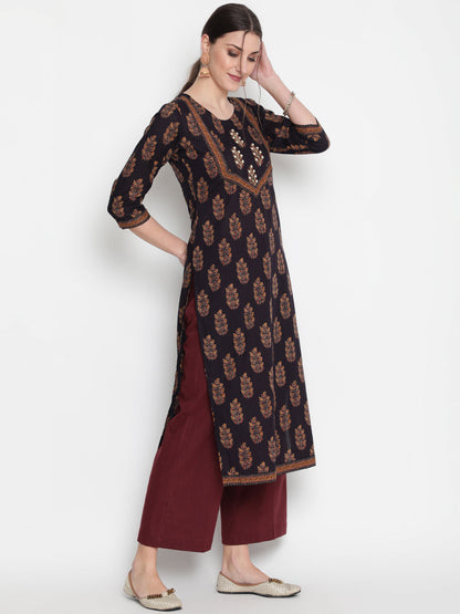 Cotton Printed Round Neck 3/4 Sleeve Straight Calf Length Ethnic Kurta