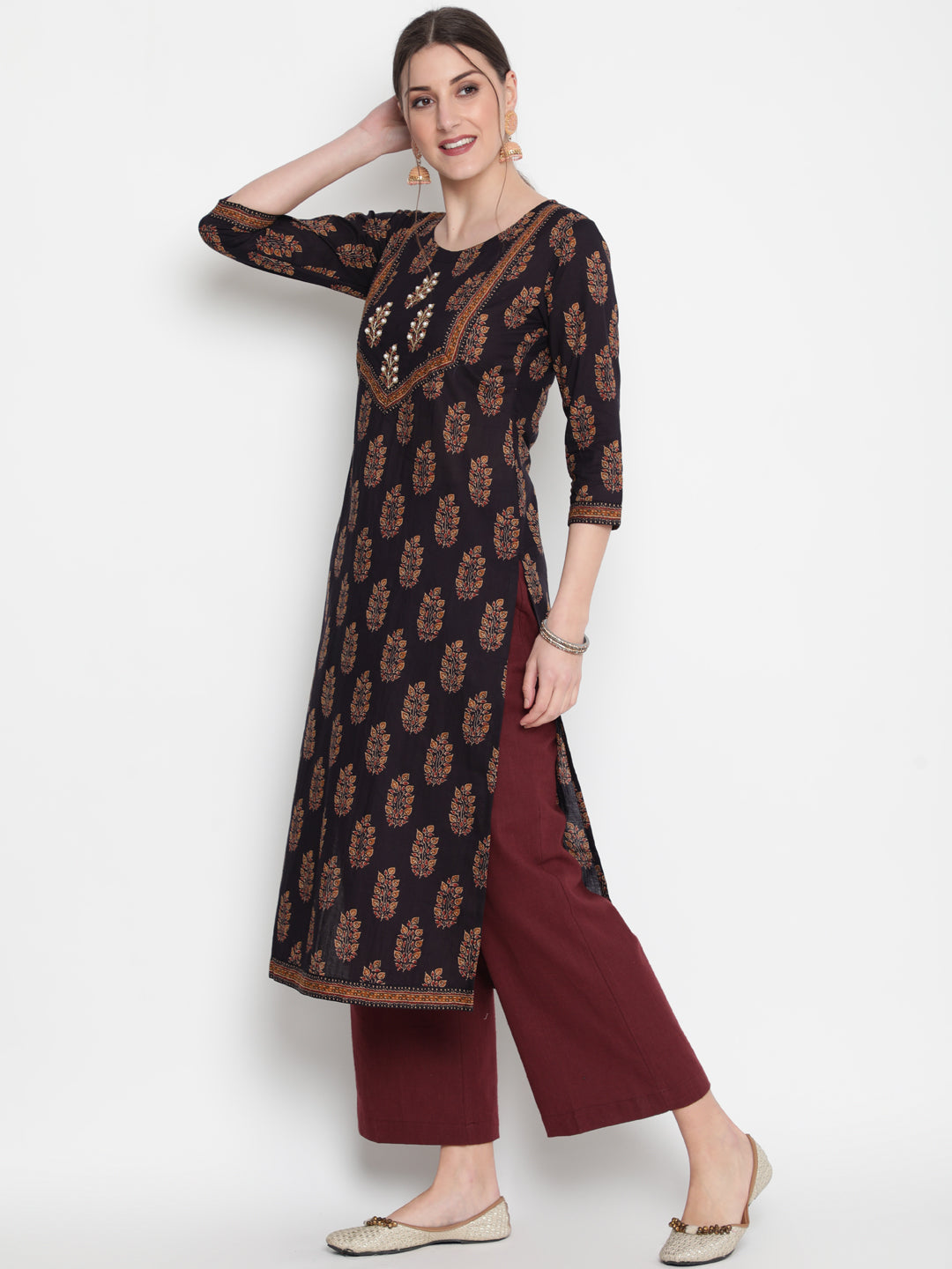 Cotton Printed Round Neck 3/4 Sleeve Straight Calf Length Ethnic Kurta