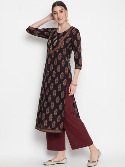 Cotton Printed Round Neck 3/4 Sleeve Straight Calf Length Ethnic Kurta