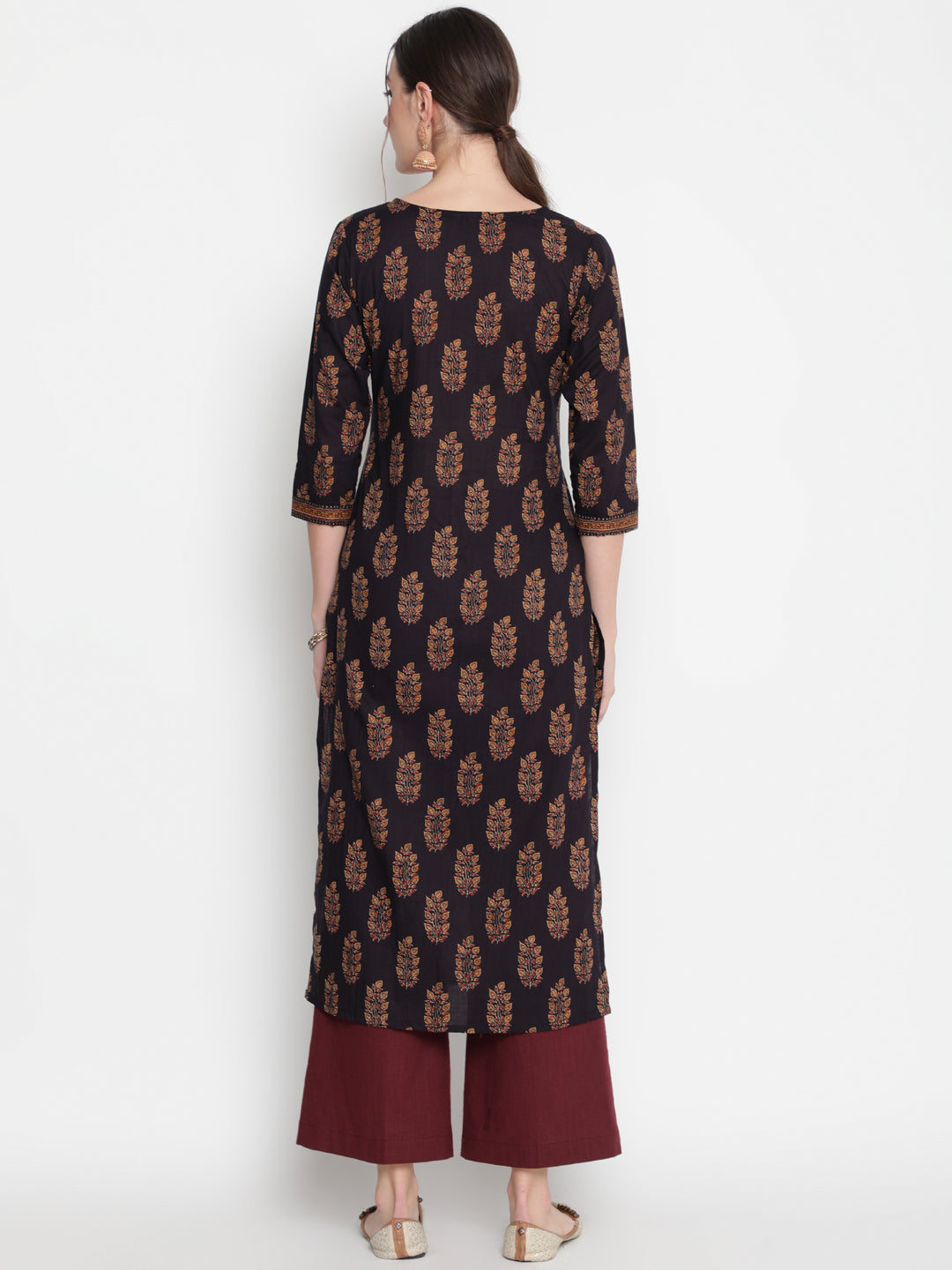 Cotton Printed Round Neck 3/4 Sleeve Straight Calf Length Ethnic Kurta