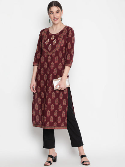Cotton Printed Round Neck 3/4 Sleeve Straight Calf Length Ethnic Kurta