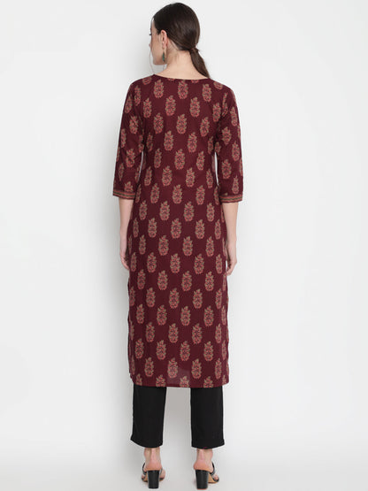 Cotton Printed Round Neck 3/4 Sleeve Straight Calf Length Ethnic Kurta
