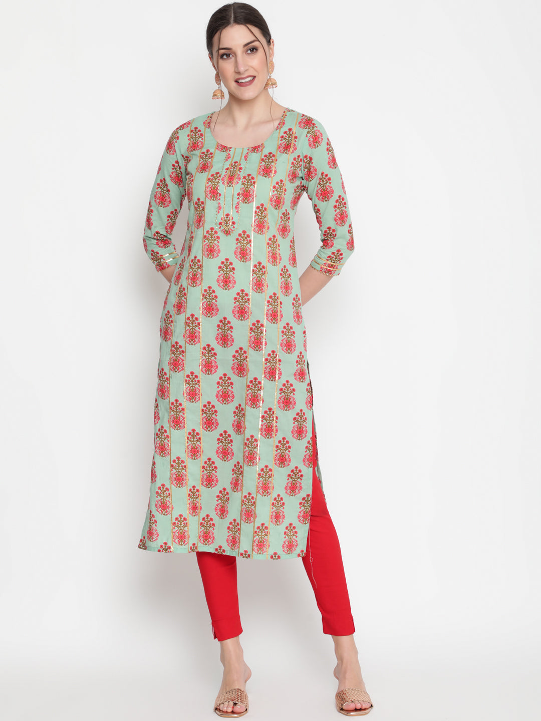 Cotton Printed Round Neck 3/4 Sleeve Straight Calf Length Ethnic Kurta