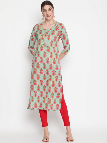 Cotton Printed Round Neck 3/4 Sleeve Straight Calf Length Ethnic Kurta