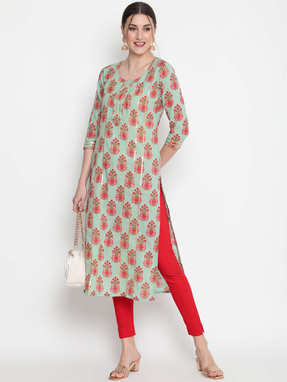 Cotton Printed Round Neck 3/4 Sleeve Straight Calf Length Ethnic Kurta