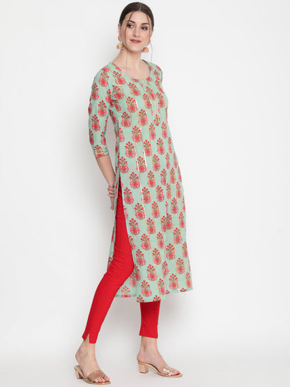 Cotton Printed Round Neck 3/4 Sleeve Straight Calf Length Ethnic Kurta