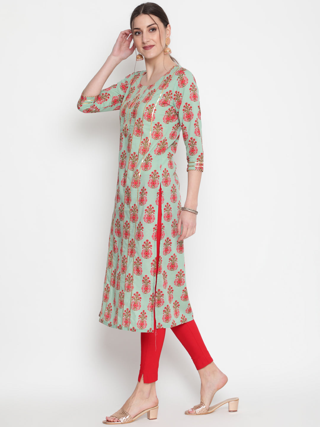 Cotton Printed Round Neck 3/4 Sleeve Straight Calf Length Ethnic Kurta