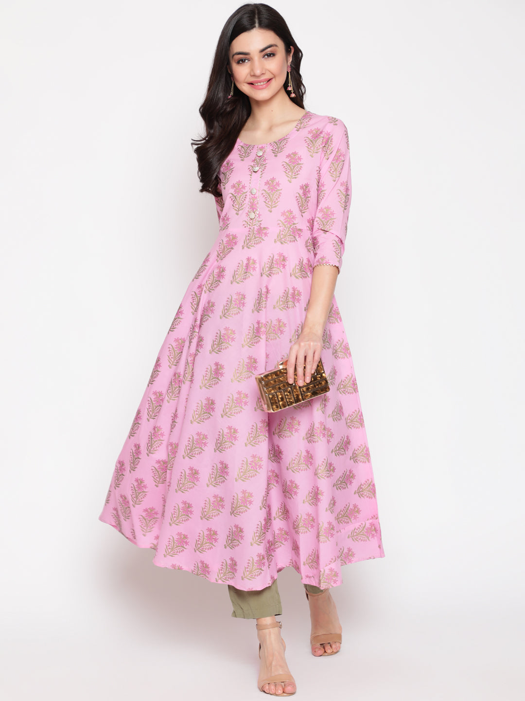 Cotton Printed Mandarin Neck 3/4 Sleeve Flared Ankle Length Ethnic Kurta