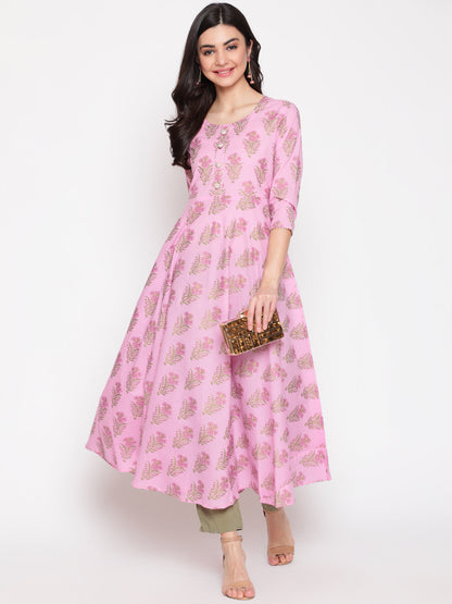 Cotton Printed Mandarin Neck 3/4 Sleeve Flared Ankle Length Ethnic Kurta