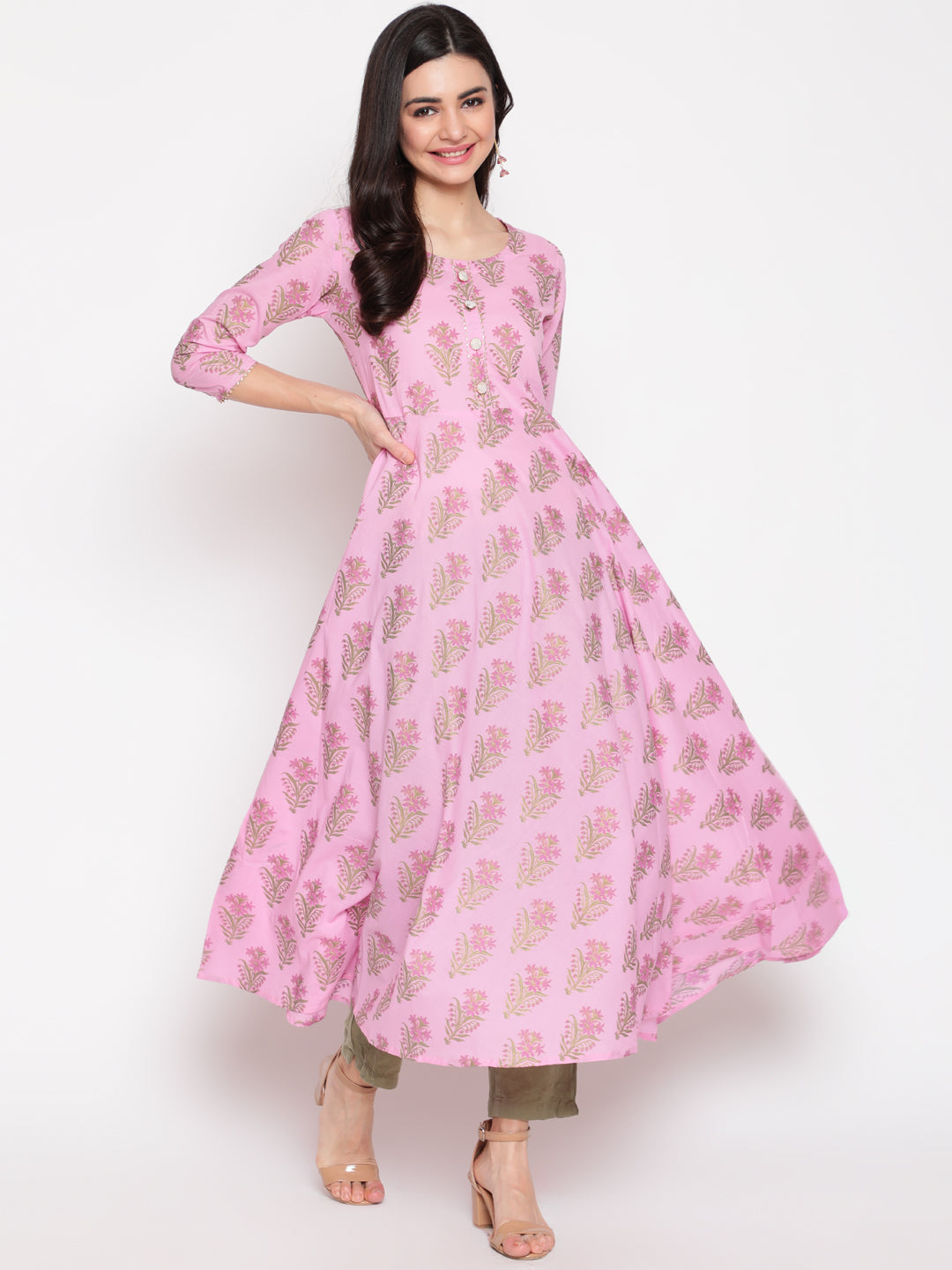 Cotton Printed Mandarin Neck 3/4 Sleeve Flared Ankle Length Ethnic Kurta
