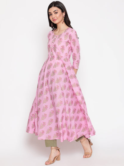 Cotton Printed Mandarin Neck 3/4 Sleeve Flared Ankle Length Ethnic Kurta