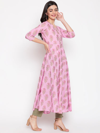 Cotton Printed Mandarin Neck 3/4 Sleeve Flared Ankle Length Ethnic Kurta