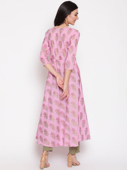 Cotton Printed Mandarin Neck 3/4 Sleeve Flared Ankle Length Ethnic Kurta