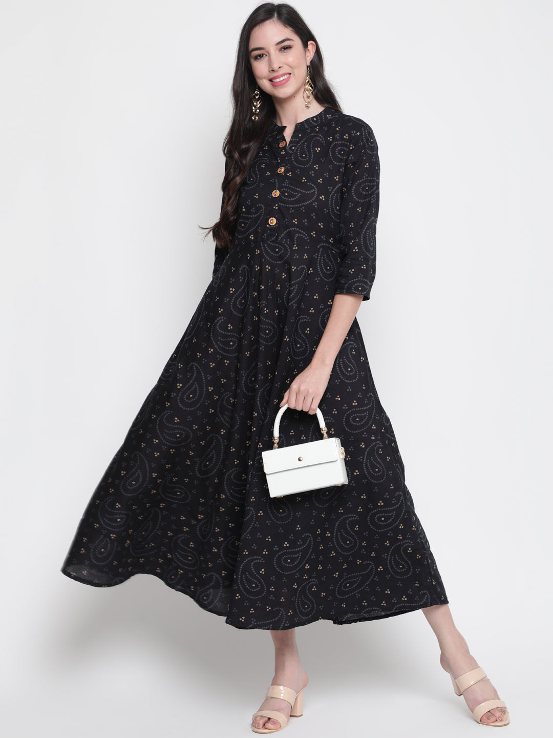 Cotton Printed Mandarin Neck 3/4 Sleeve Flared Ankle Length Ethnic Kurta