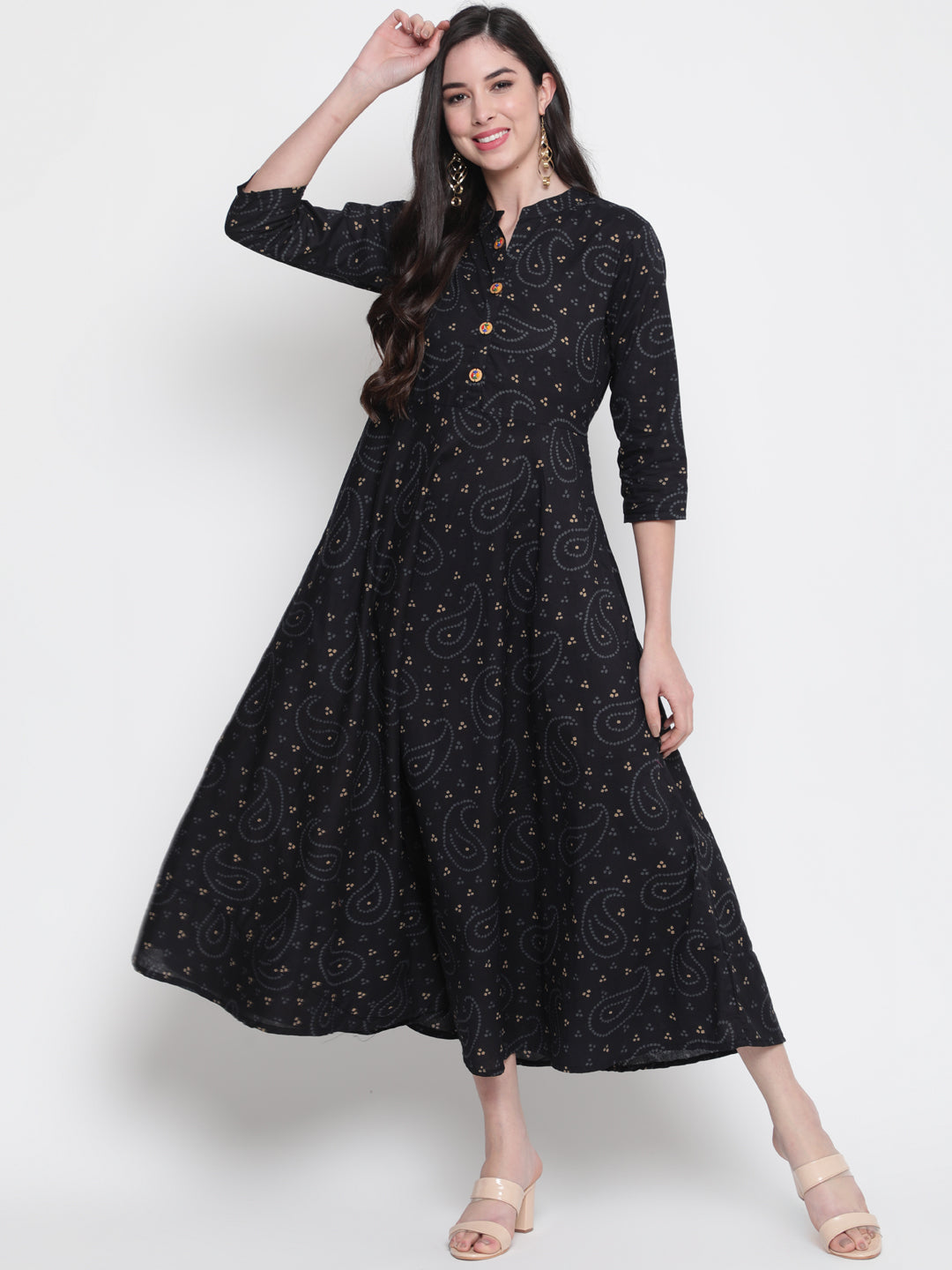 Cotton Printed Mandarin Neck 3/4 Sleeve Flared Ankle Length Ethnic Kurta