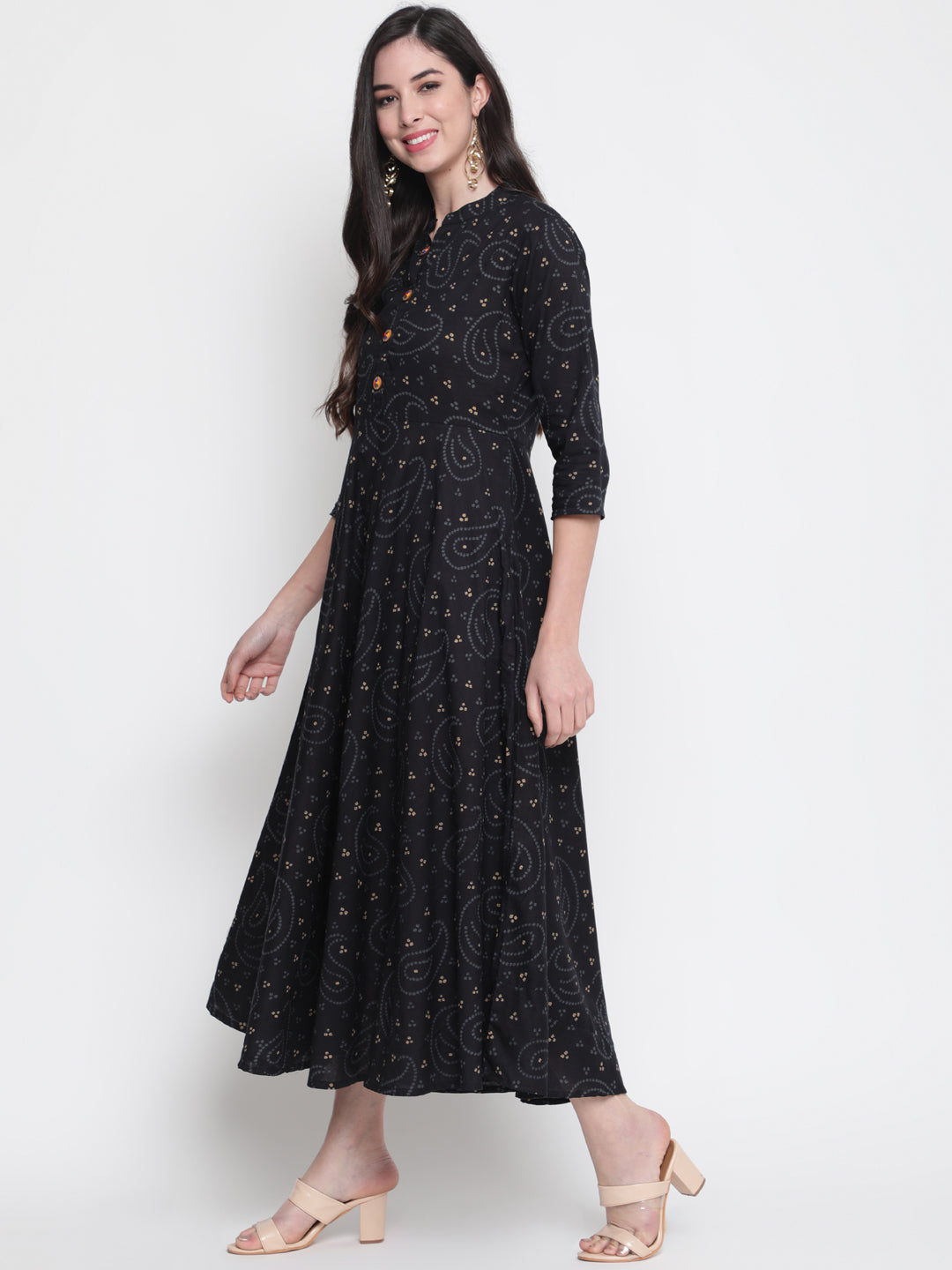 Cotton Printed Mandarin Neck 3/4 Sleeve Flared Ankle Length Ethnic Kurta