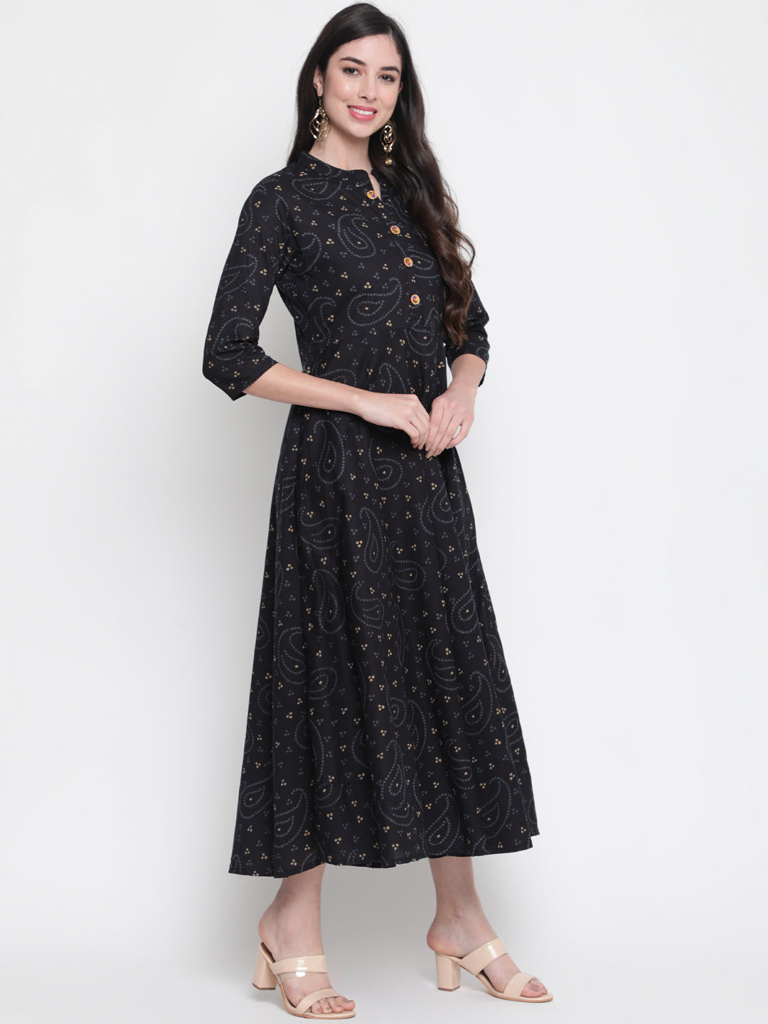 Cotton Printed Mandarin Neck 3/4 Sleeve Flared Ankle Length Ethnic Kurta