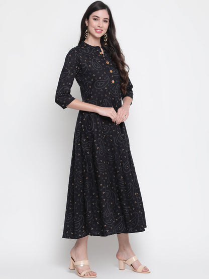 Cotton Printed Mandarin Neck 3/4 Sleeve Flared Ankle Length Ethnic Kurta