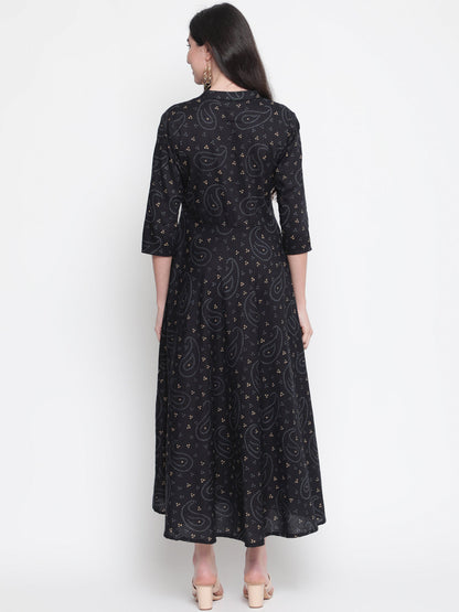 Cotton Printed Mandarin Neck 3/4 Sleeve Flared Ankle Length Ethnic Kurta
