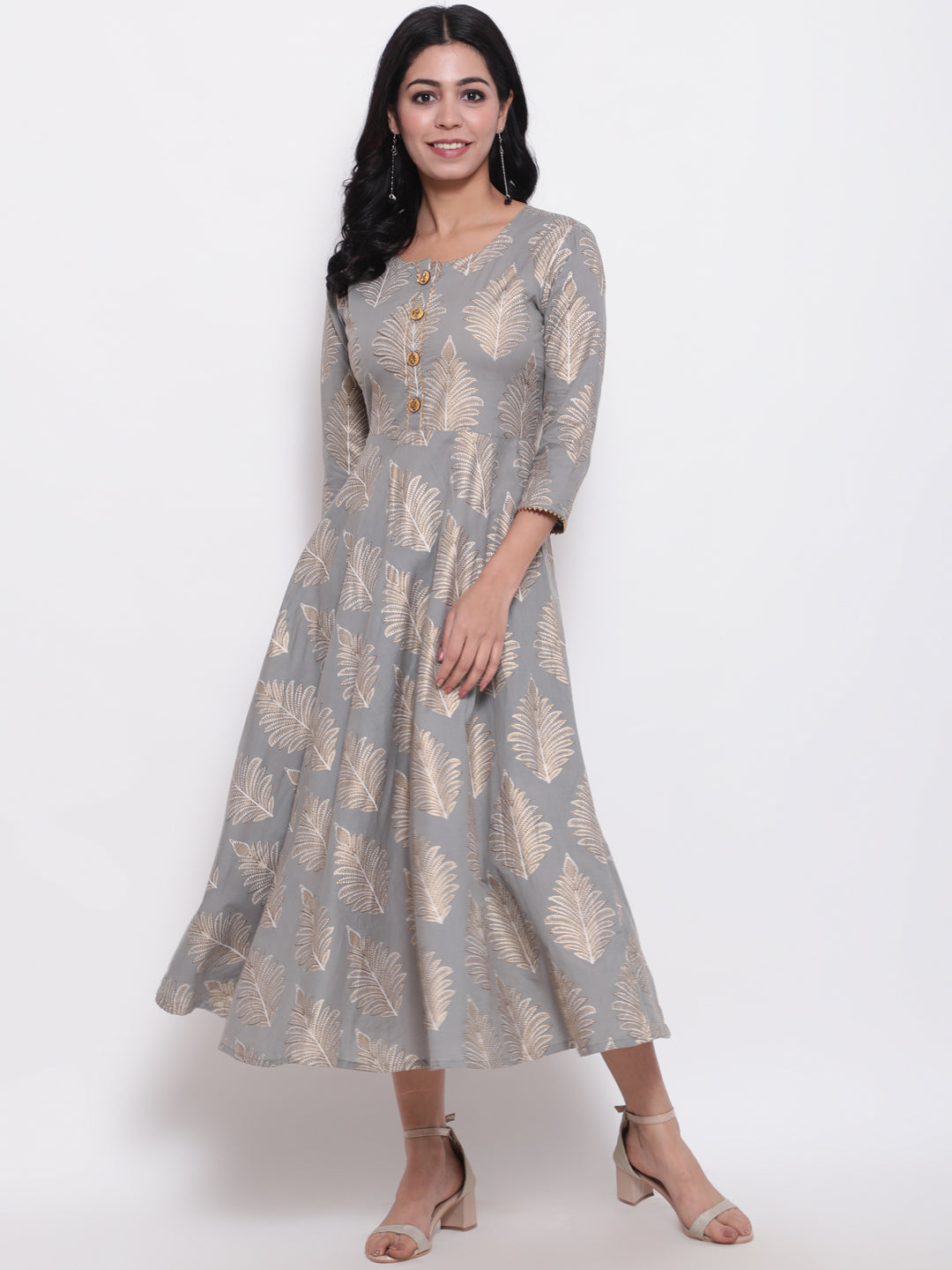 Cotton Printed Round Neck 3/4 Sleeve Flared Ankle Length Ethnic Kurta