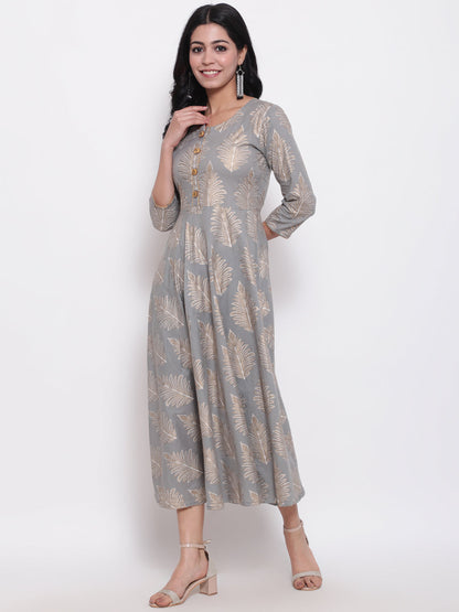 Cotton Printed Round Neck 3/4 Sleeve Flared Ankle Length Ethnic Kurta