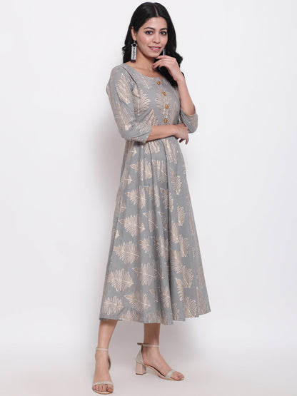 Cotton Printed Round Neck 3/4 Sleeve Flared Ankle Length Ethnic Kurta