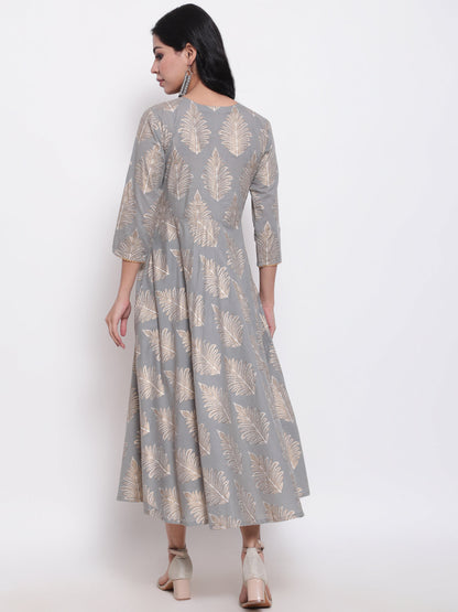 Cotton Printed Round Neck 3/4 Sleeve Flared Ankle Length Ethnic Kurta