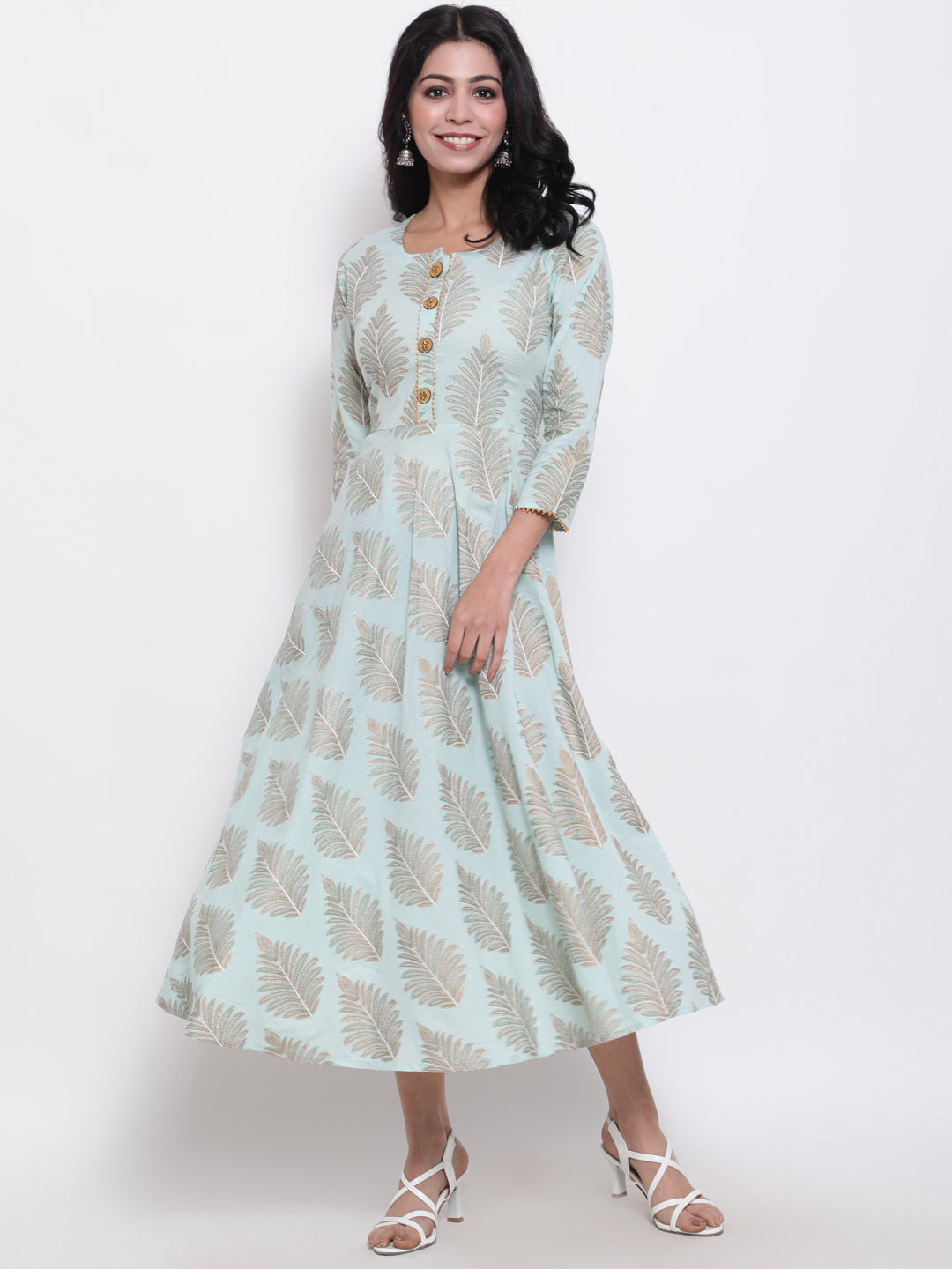 Cotton Printed Round Neck 3/4 Sleeve Flared Ankle Length Ethnic Kurta