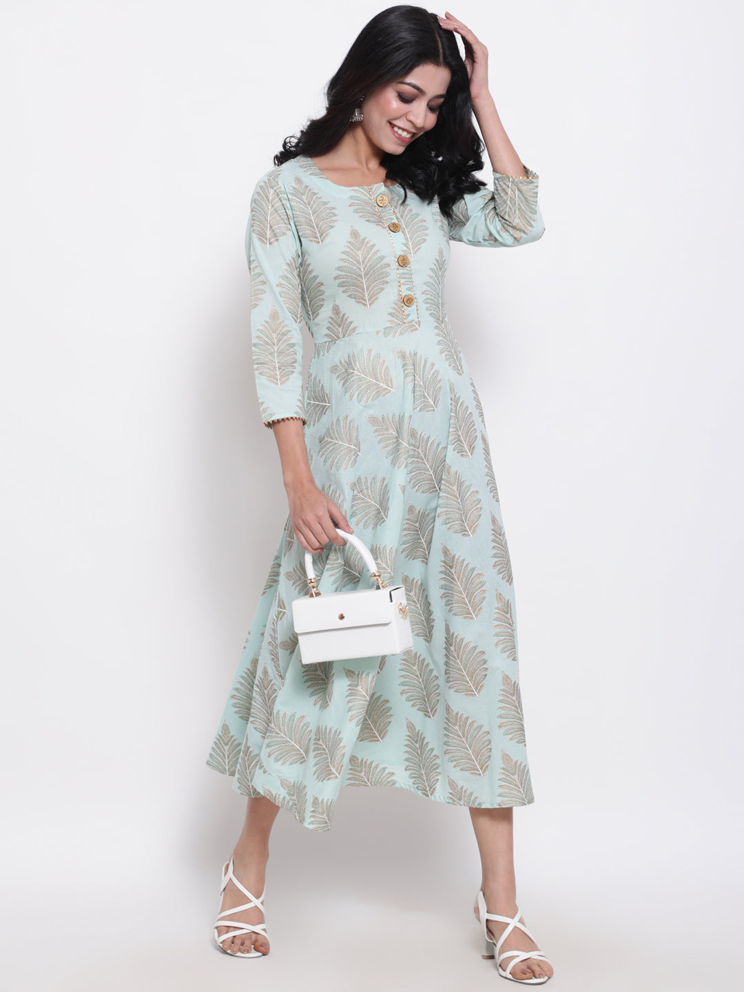 Cotton Printed Round Neck 3/4 Sleeve Flared Ankle Length Ethnic Kurta