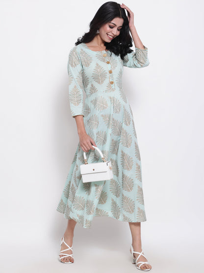 Cotton Printed Round Neck 3/4 Sleeve Flared Ankle Length Ethnic Kurta