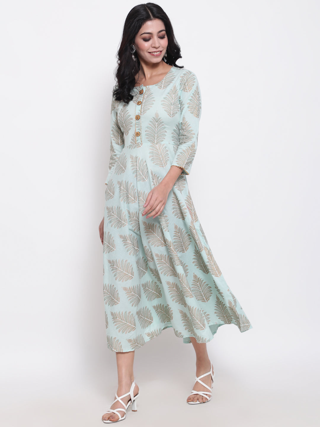 Cotton Printed Round Neck 3/4 Sleeve Flared Ankle Length Ethnic Kurta