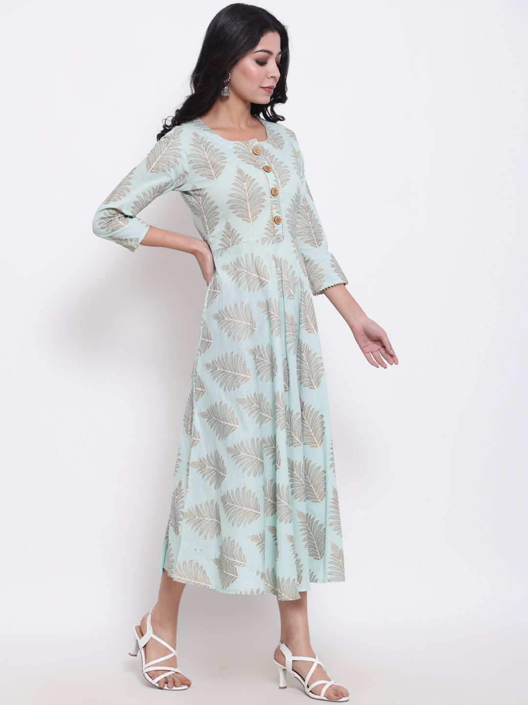 Cotton Printed Round Neck 3/4 Sleeve Flared Ankle Length Ethnic Kurta