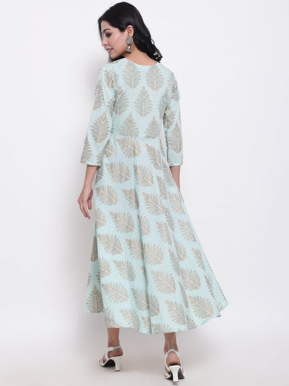 Cotton Printed Round Neck 3/4 Sleeve Flared Ankle Length Ethnic Kurta