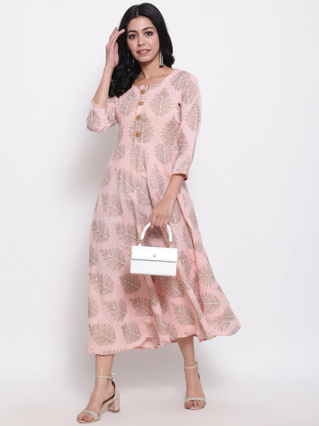 Cotton Printed Round Neck 3/4 Sleeve Flared Ankle Length Ethnic Kurta