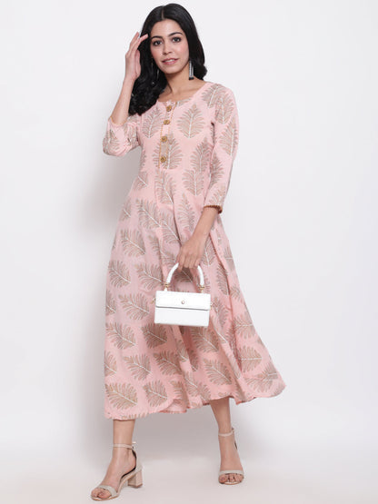 Cotton Printed Round Neck 3/4 Sleeve Flared Ankle Length Ethnic Kurta