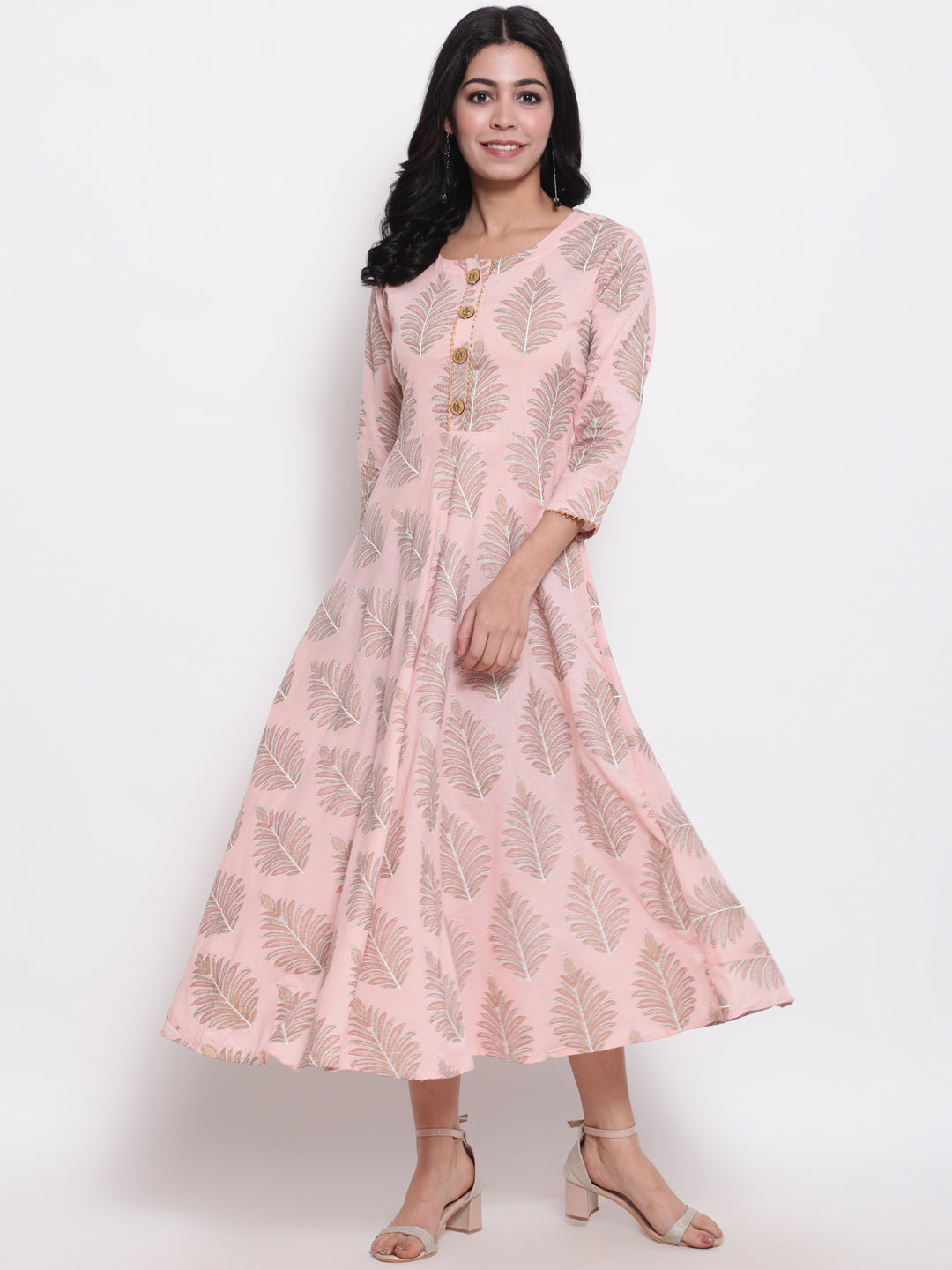 Cotton Printed Round Neck 3/4 Sleeve Flared Ankle Length Ethnic Kurta