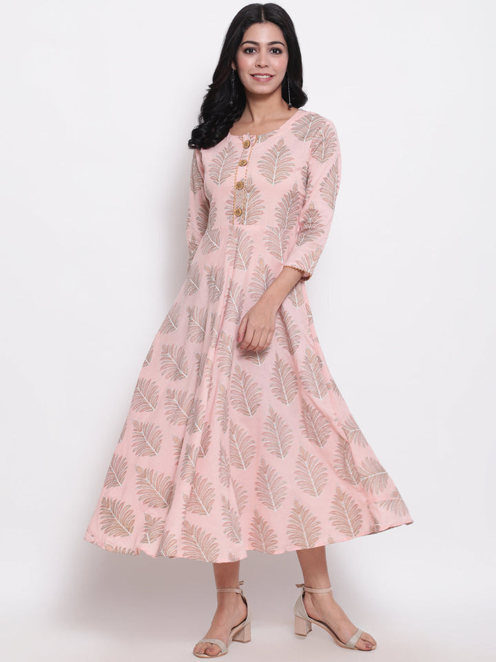 Cotton Printed Round Neck 3/4 Sleeve Flared Ankle Length Ethnic Kurta