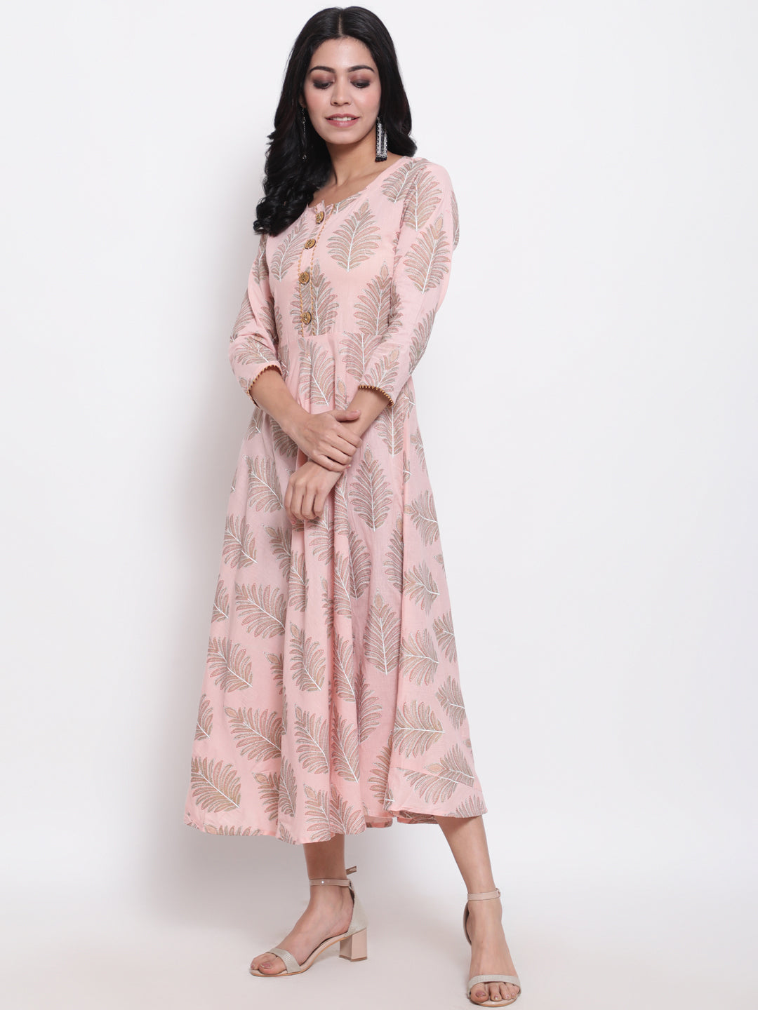 Cotton Printed Round Neck 3/4 Sleeve Flared Ankle Length Ethnic Kurta