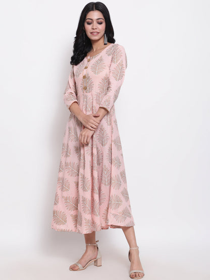 Cotton Printed Round Neck 3/4 Sleeve Flared Ankle Length Ethnic Kurta