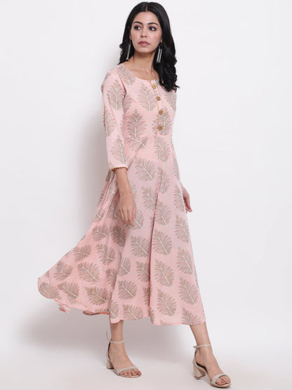 Cotton Printed Round Neck 3/4 Sleeve Flared Ankle Length Ethnic Kurta