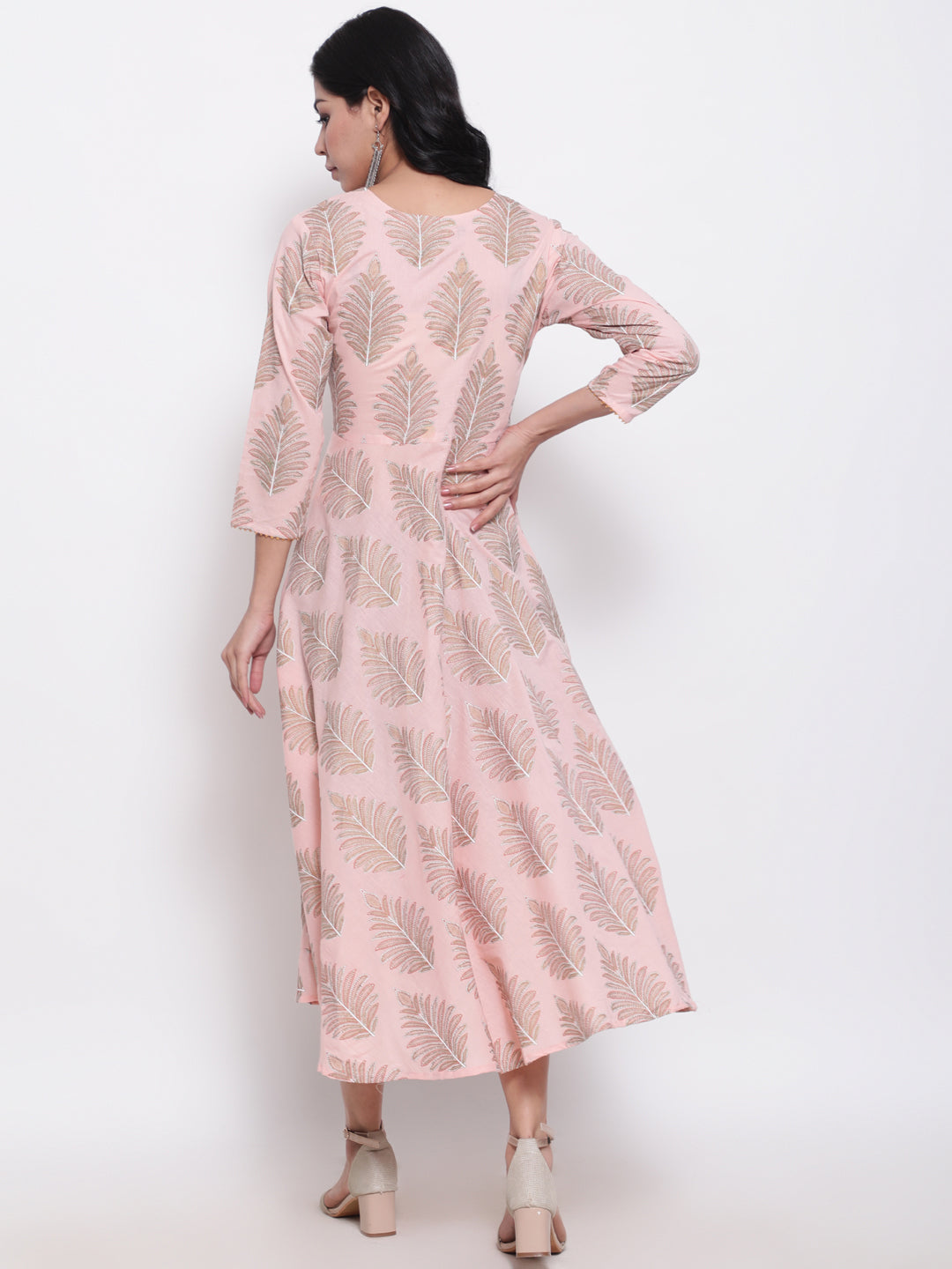 Cotton Printed Round Neck 3/4 Sleeve Flared Ankle Length Ethnic Kurta