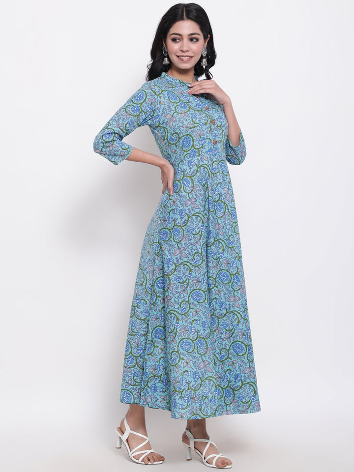 Cotton Printed Mandarin Neck 3/4 Sleeve Flared Ankle Length Ethnic Kurta