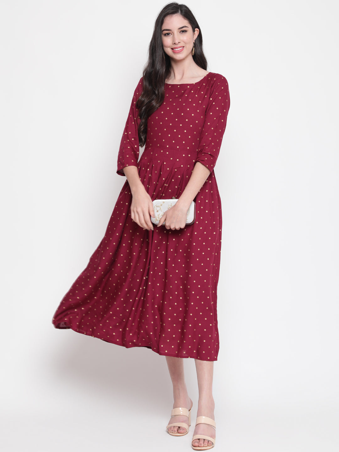 Rayon Printed Round Neck 3/4 Sleeve Flared Ankle Length Ethnic Kurta