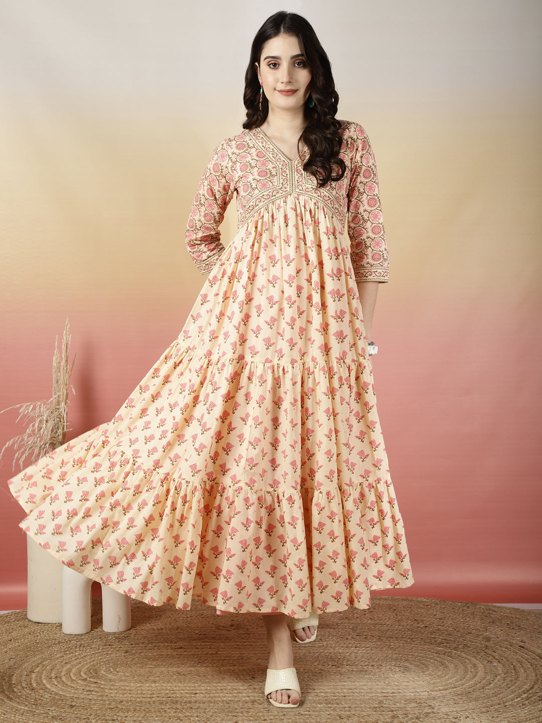 Women Cotton Printed Ankle Length V-Neck Tiered Kurta