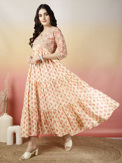 Women Cotton Printed Ankle Length V-Neck Tiered Kurta