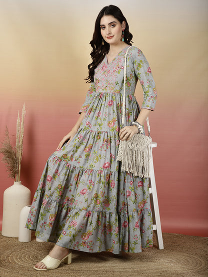 Women Embroidered Cotton Printed Ankle Length V-Neck Tiered Kurta