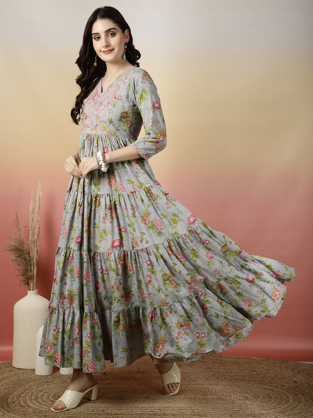 Women Embroidered Cotton Printed Ankle Length V-Neck Tiered Kurta