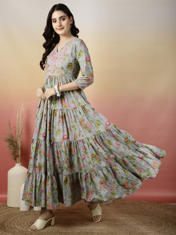 Women Embroidered Cotton Printed Ankle Length V-Neck Tiered Kurta